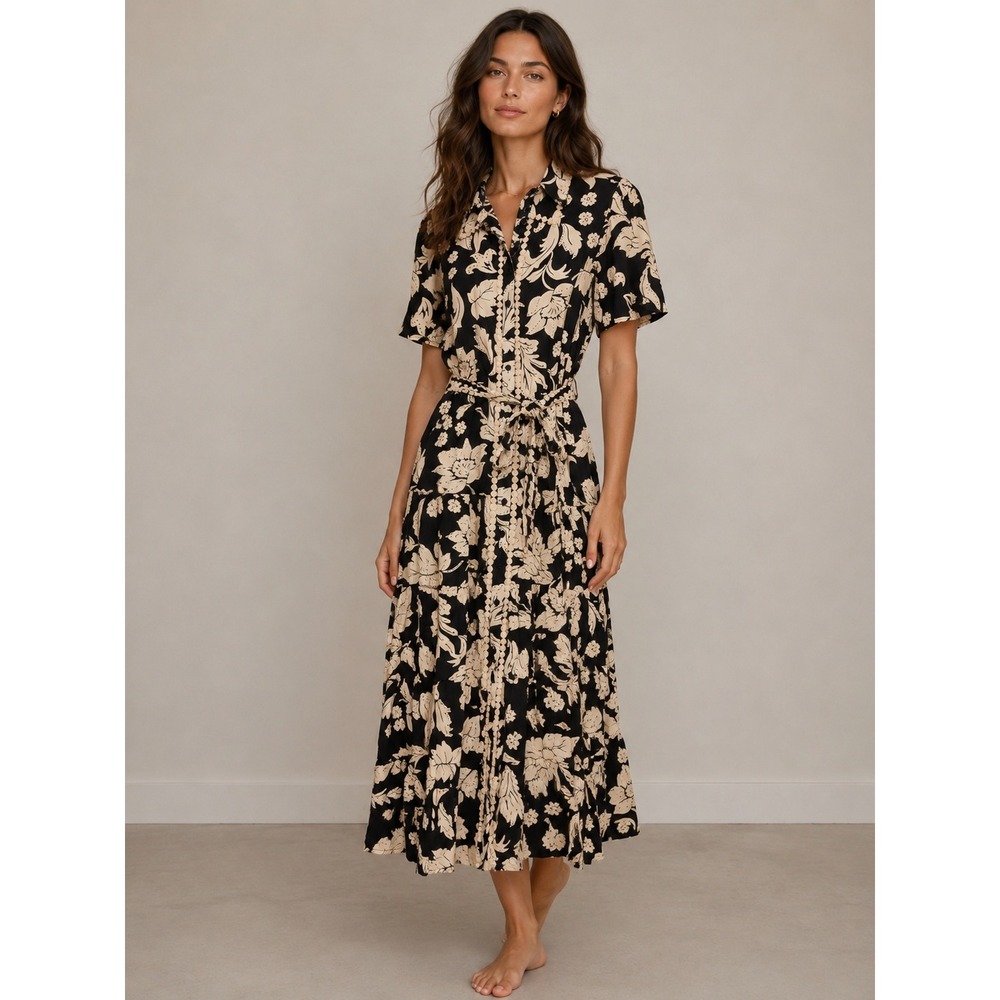 White‎ Closet Elements Floral Midi Shirtdress Black Cream Crochet Trim Size M